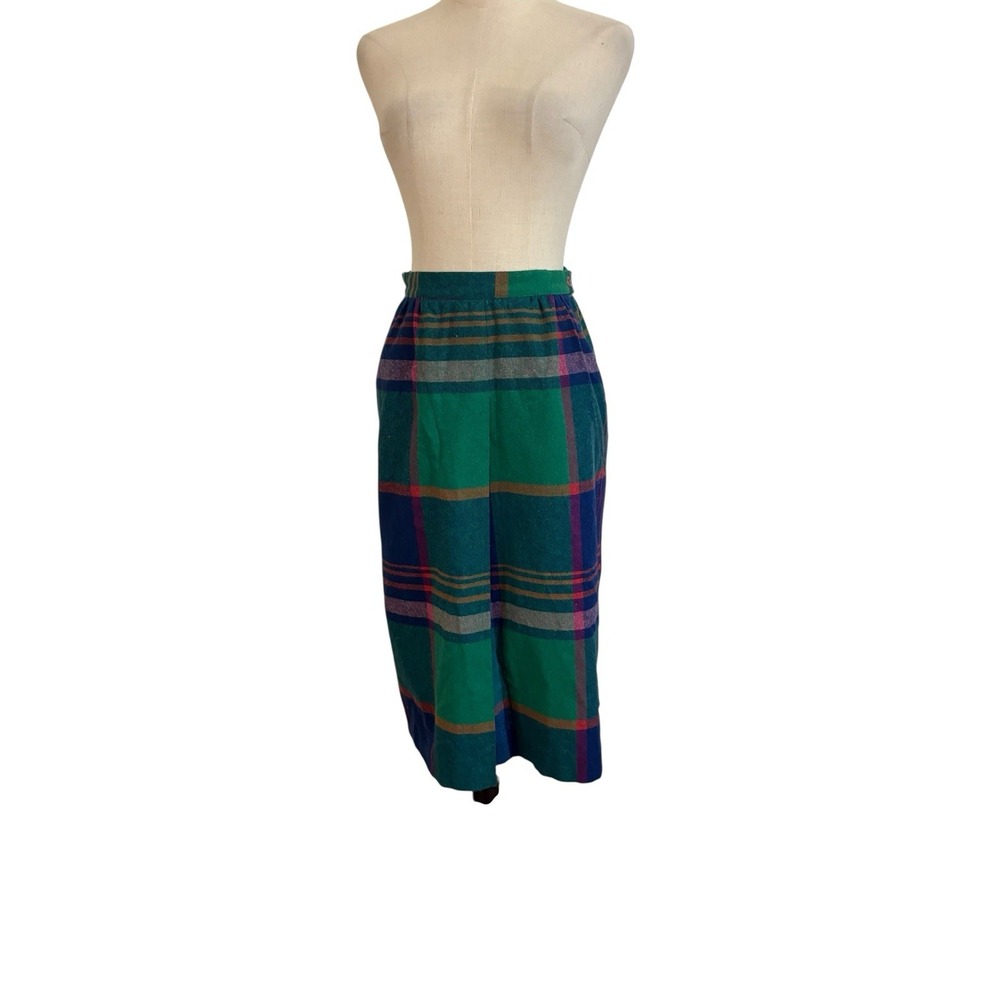 Vtg 80s Barclay Square Skirt S Green Plaid Midi Wool Pencil Academia Preppy